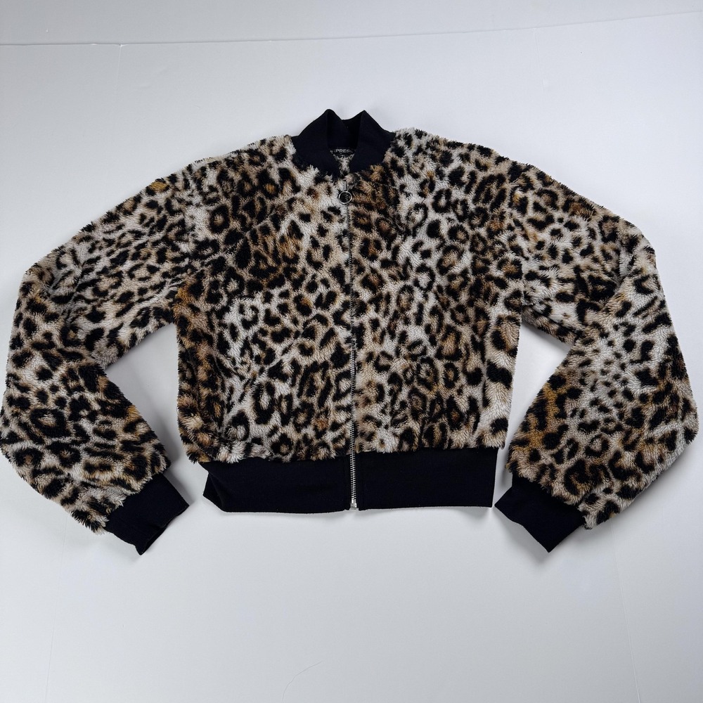 Express Jacket Womens Small Petite Brown Faux Fur Leopard Bomber Zip Jacket